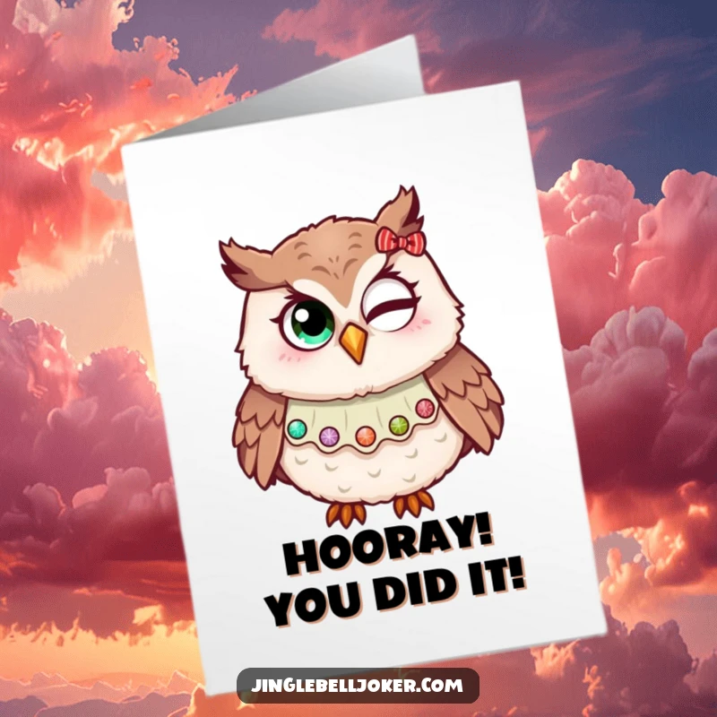 Funny Free Printable Congratulations Card: A jester owl in a festive collar attempts a glittery wink, celebrating your success humorously.