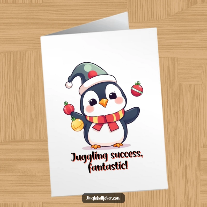 Funny Free Printable Congratulations Card: Cute penguin in a jester hat juggling colorful ornaments, a festive way to congratulate, cartoon.