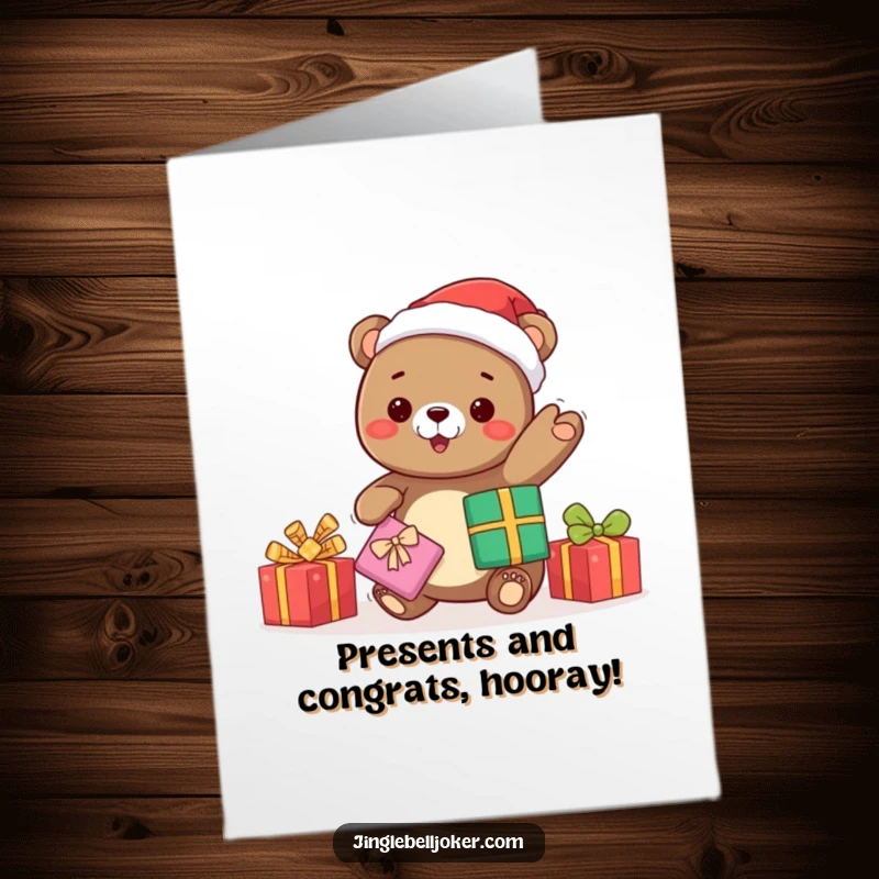 Funny Free Printable Congrats Card: A kawaii bear, Santa hat on, joyfully juggles presents. A fun holiday-themed gift.