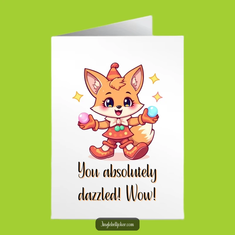 Free Printable Congrats Card: Jester Fox Juggling Orbs, Downloadable Celebration Art
