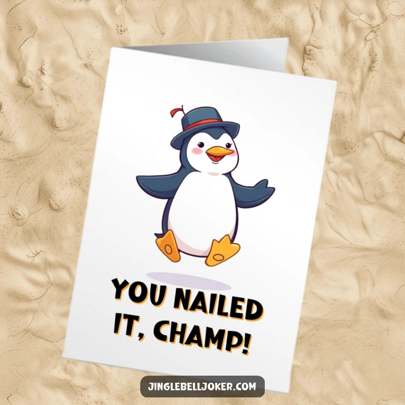 Funny Free Printable Congrats Card: A penguin dressed as a joker, performing a hilarious jig with oversized, exaggerated dance steps.