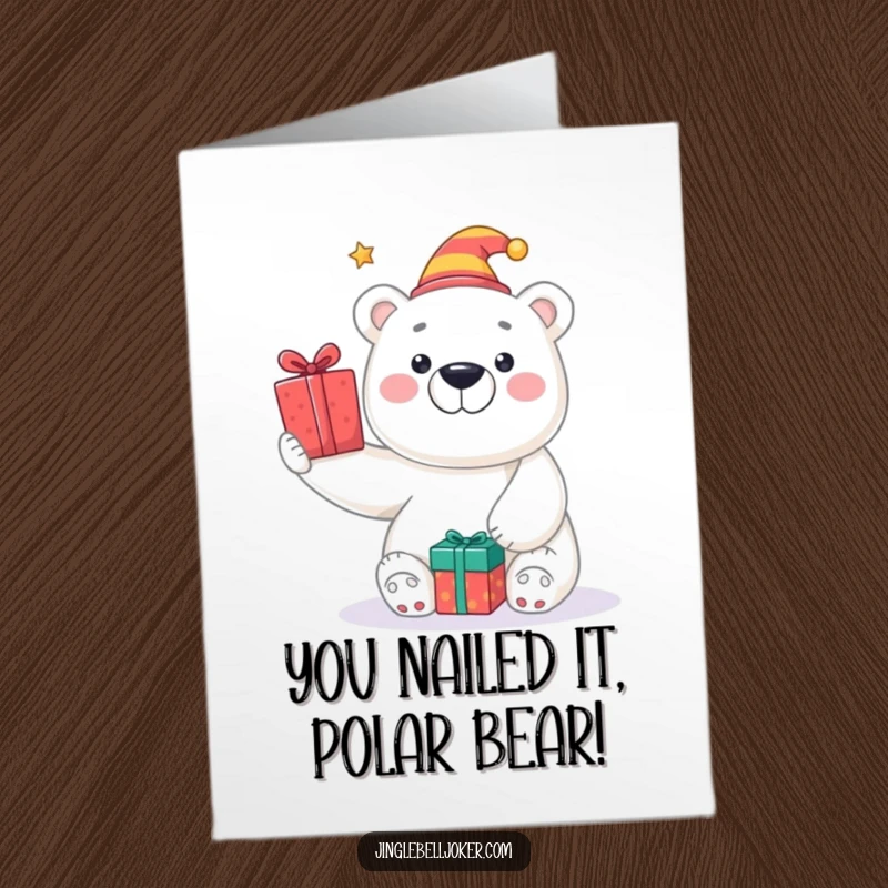 Funny free printable congratulations card: A polar bear in a jester hat gleefully tosses presents, celebrating your achievement. Yay!