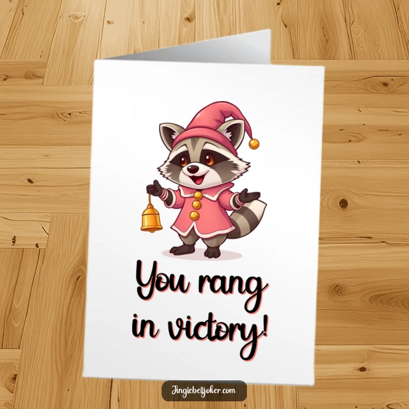 Funny Free Printable Congratulations Card: A raccoon in a jester costume is juggling three luminous bells with a happy expression.