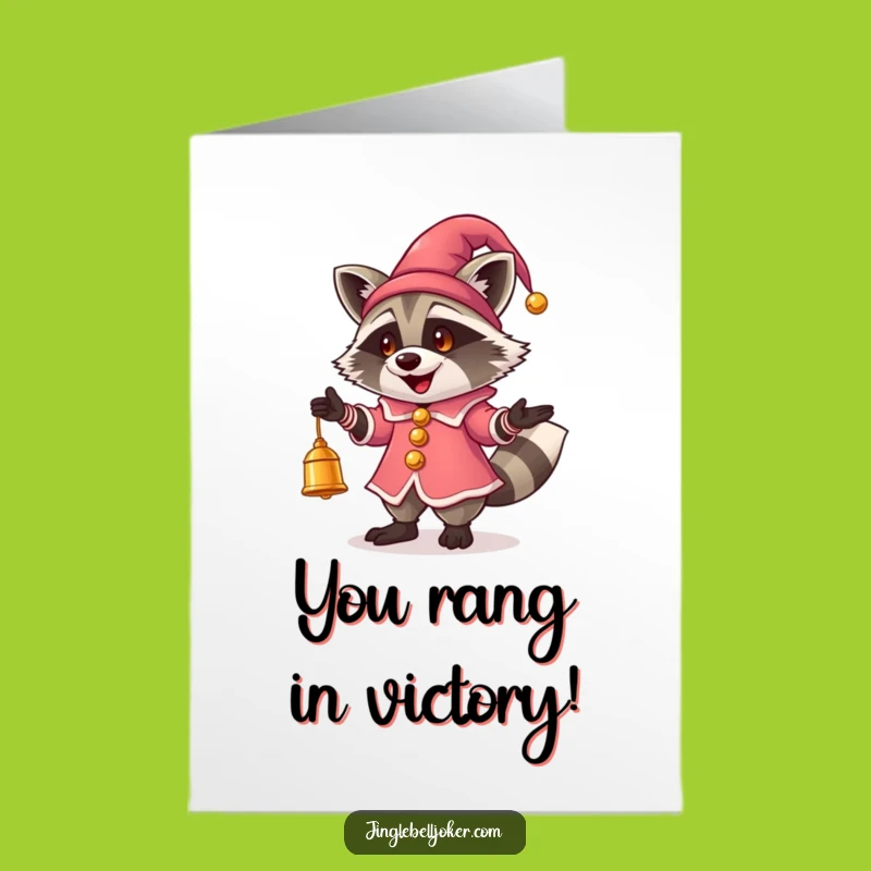 Free Printable Congrats Card: Jester Raccoon Bell Toss - Hilarious Downloadable Cheers