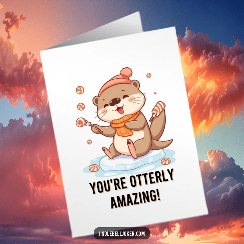 Funny Free Printable Congrats Card: An adorable otter comically slips on ice while juggling festive candies, a hilarious DIY gift.