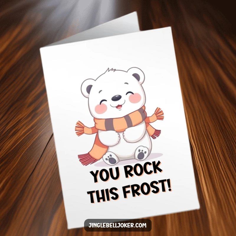 Funny Free Printable Congratulations Card: A giggling polar bear character embraces a festive scarf, celebrating a big win.