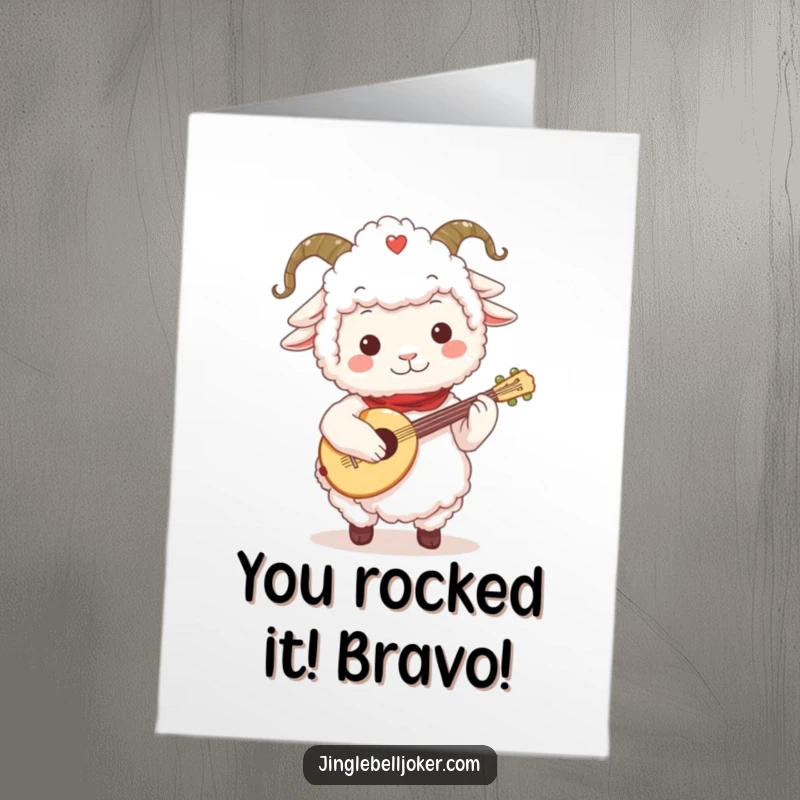 Funny Free Printable Congratulations Card: A fluffy sheep jester playing a festive lute, celebrating a wonderful accomplishment.