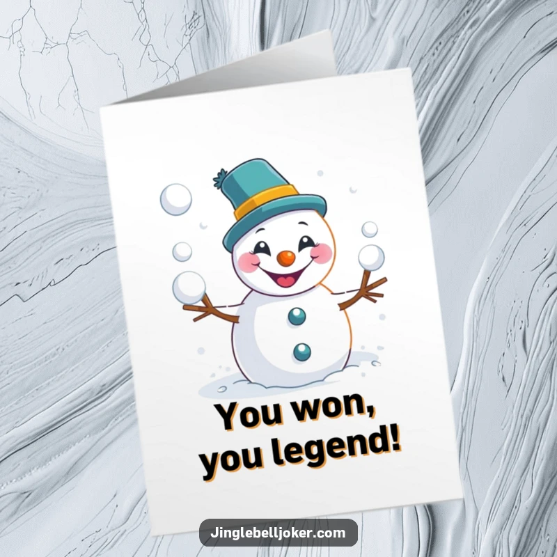 Funny Free Printable Congrats Card: A joker snowman with a mischievous grin playfully tossing snowballs for a cool celebration.