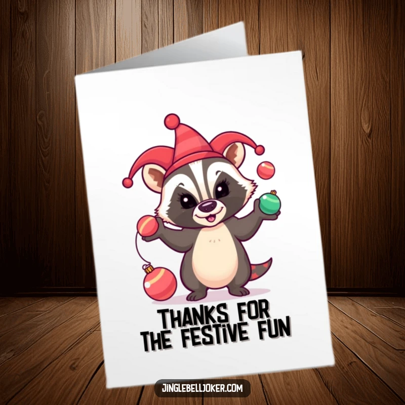 Funny Free Printable Thank You Card: Badger jester juggles festive baubles, a comical and unique way to say thanks.