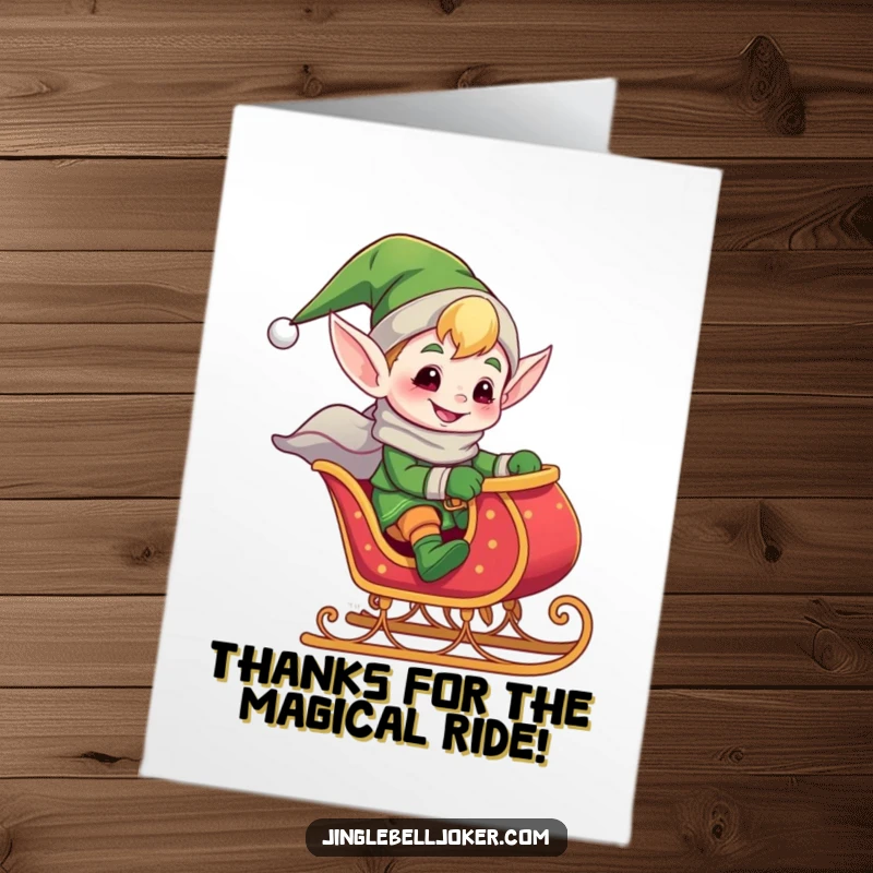 Funny Free Printable Elf Sleigh Thank You Card: A happy elf riding a tiny sleigh, delivering thanks with a grin.