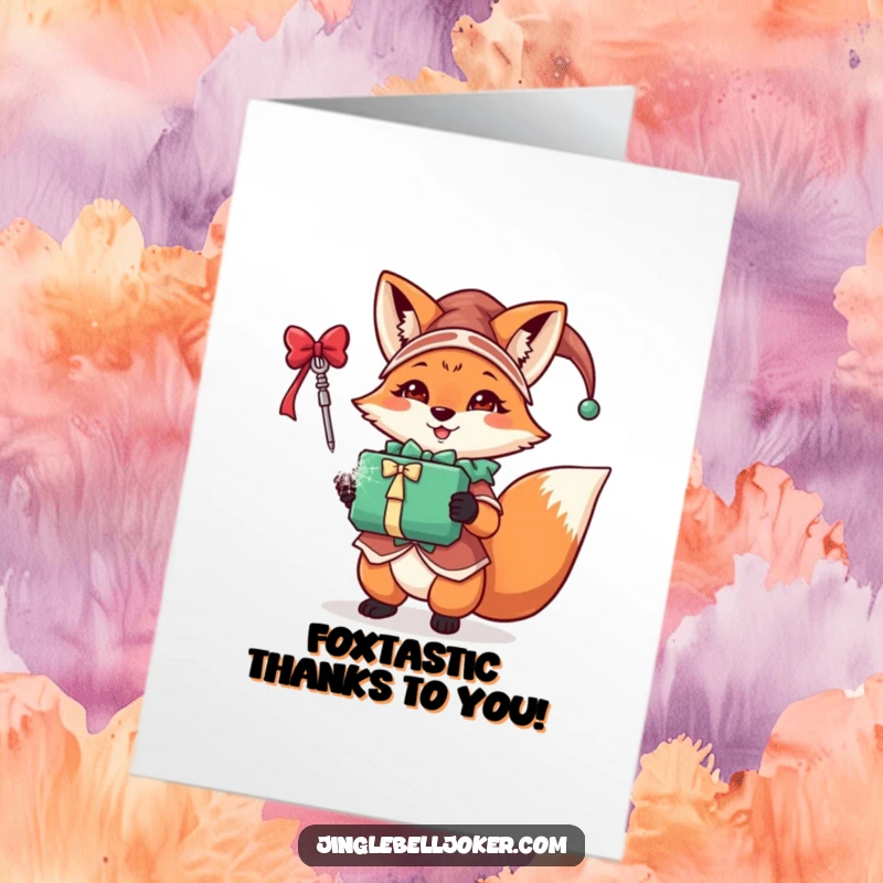 Funny Free Printable Thank You Card: A festive fox jester joyfully holding a sparkling gift, conveying thanks with a playful spirit.