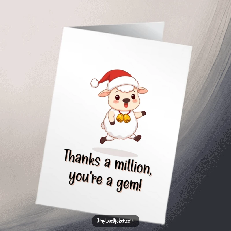 Funny Free Printable Thank You Card: Adorable sheep in a Santa hat with jingle bells, skipping joyfully to say thanks.