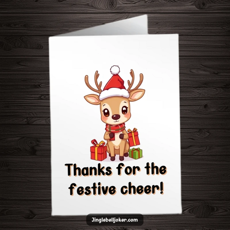 Funny Free Printable Thank You Card: A curious deer joyfully juggles gifts, offering thanks with holiday spirit.