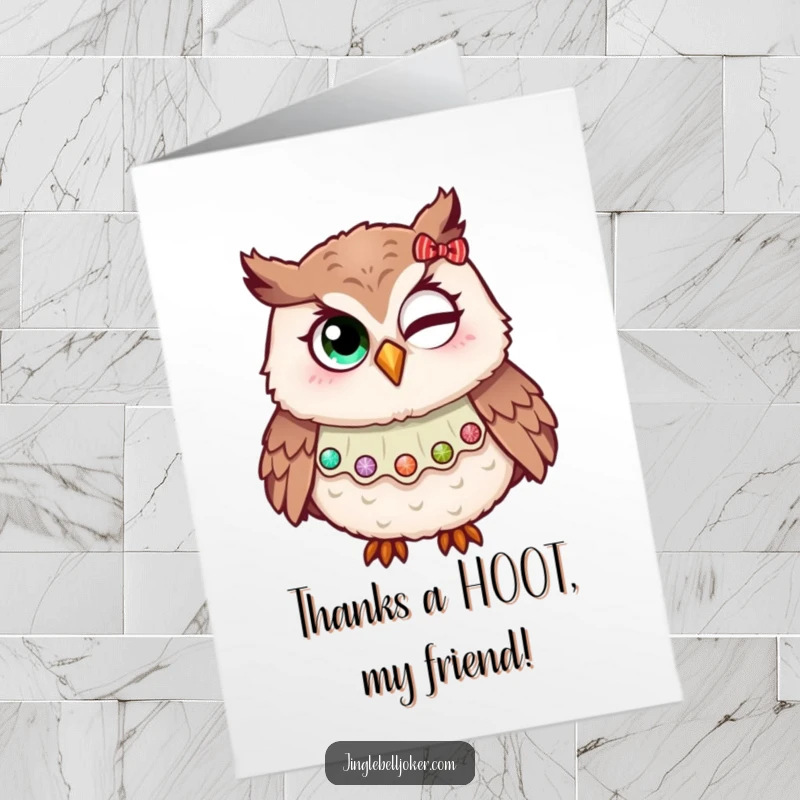 Funny Free Printable Thank You Card: A jester owl with holiday glitter attempts a charming wink to express thanks.