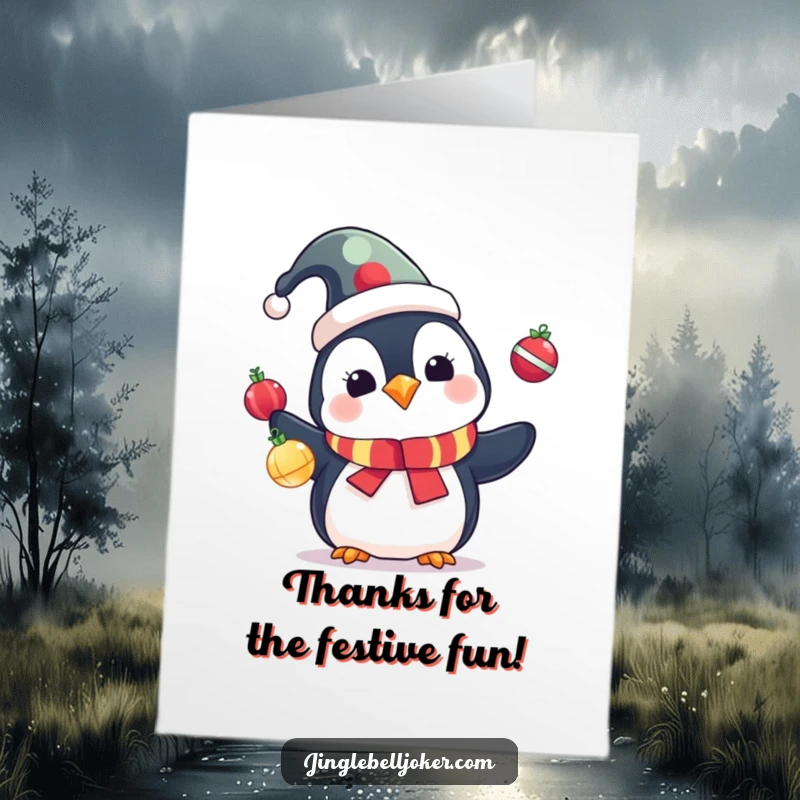 Funny Free Printable Thank You Card: Cute penguin in a jester hat juggling colorful ornaments, a festive thank you illustration, cartoon.