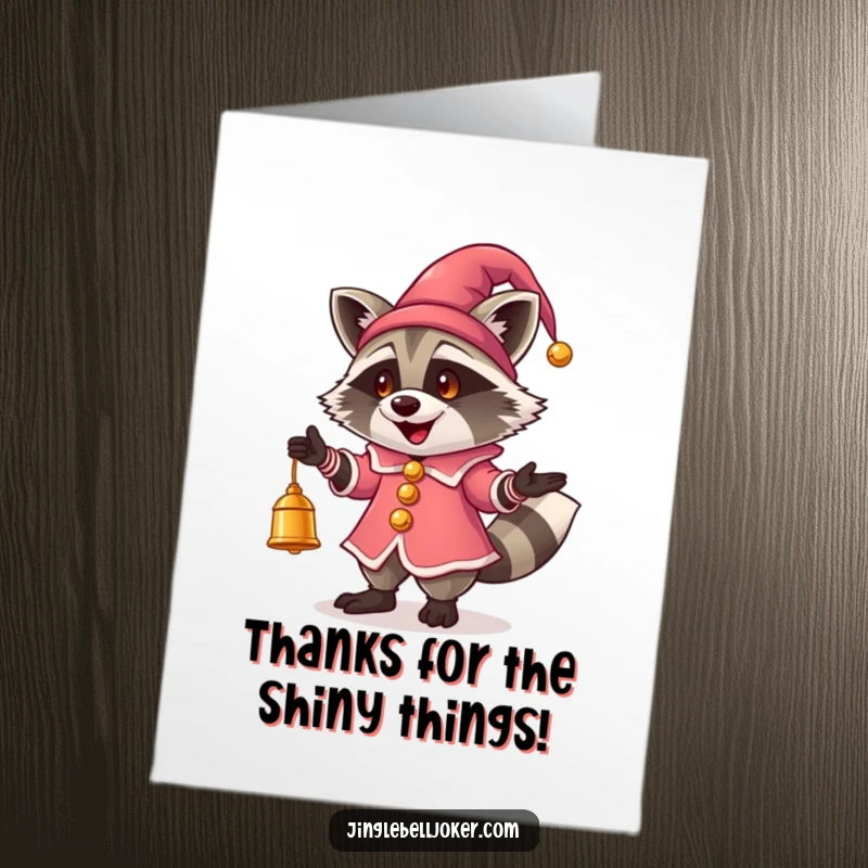 Funny Free Printable Thank You Card: A happy raccoon dressed as a jester juggles three shiny, glowing bells effortlessly.