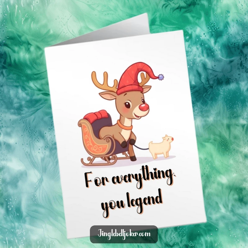 Funny Free Printable Thank You Card: Jester Reindeer with a determined look pulling a comically tiny sleigh, expressing thanks.