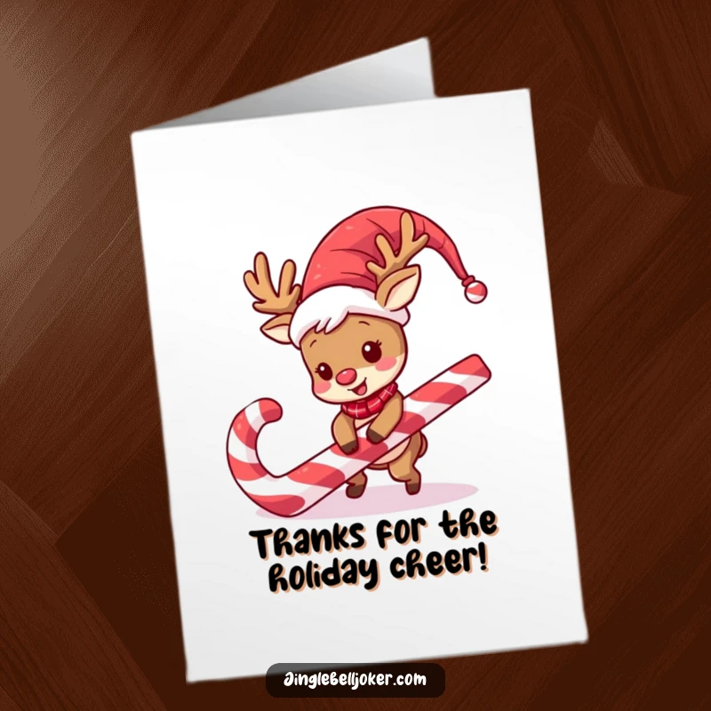 Funny Free Printable Thank You Card: Jester reindeer with a wig is mid-trip over a giant candy cane.