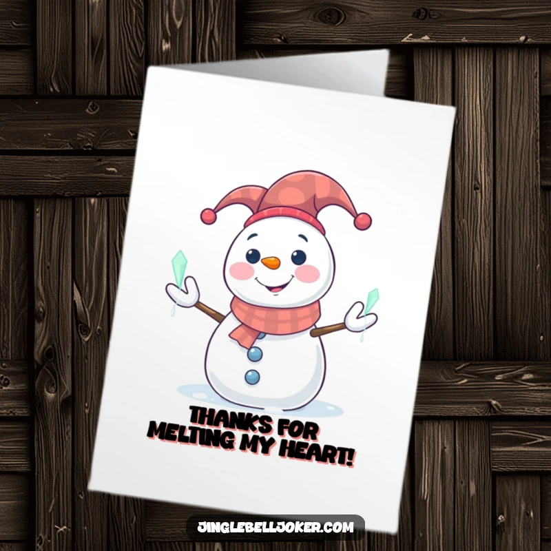 Funny Free Printable Thank You Card: Smiling snowman in a jester hat juggling glowing icicles, a cool thank you illustration, cartoon.