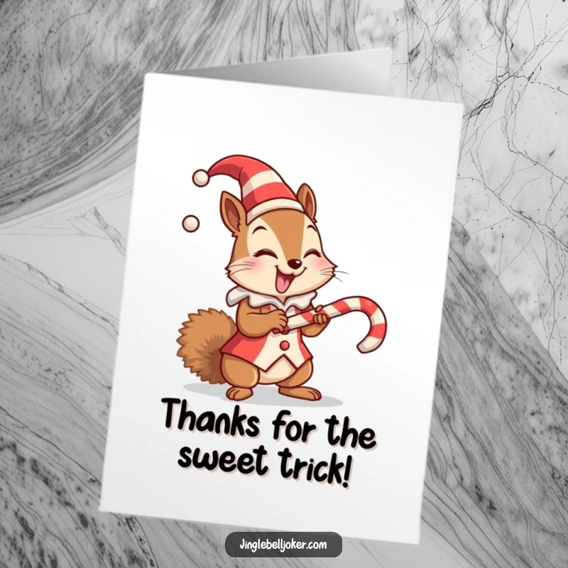 Funny Free Printable Thank You Card: A giggling squirrel in a jester suit holds a candy cane, offering thanks.