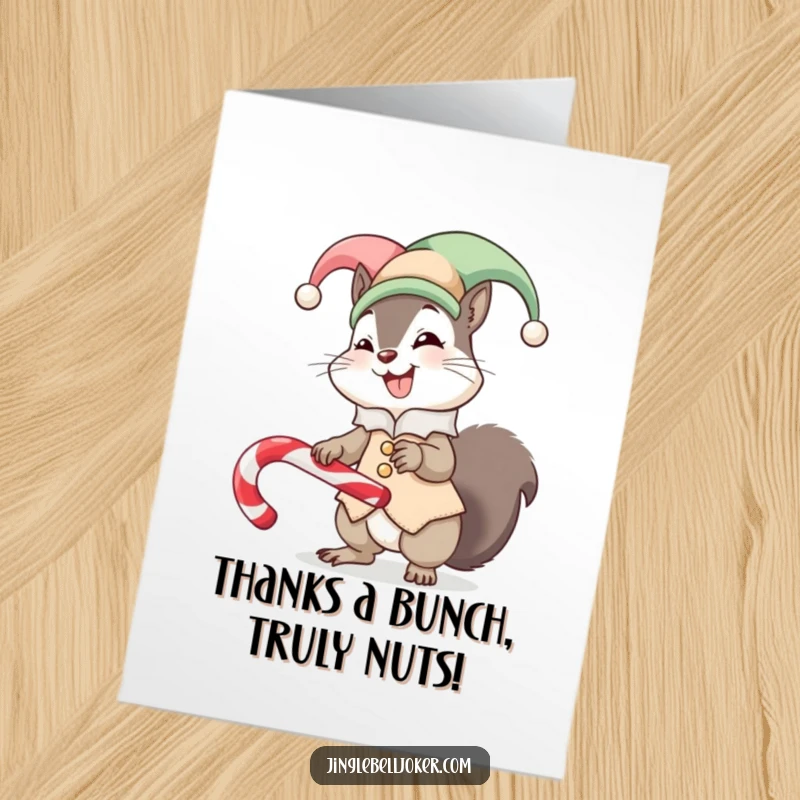 Funny Free Printable Thank You Card: A giggling squirrel in a jester suit humorously tries to balance a candy cane to show thanks.