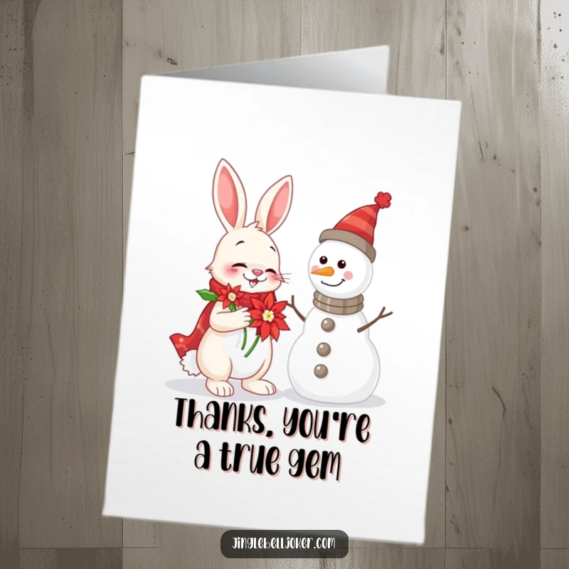 Funny Free Printable Thank You Card: Rabbit with poinsettia serenades a snowman, offering a humorous holiday thank you.