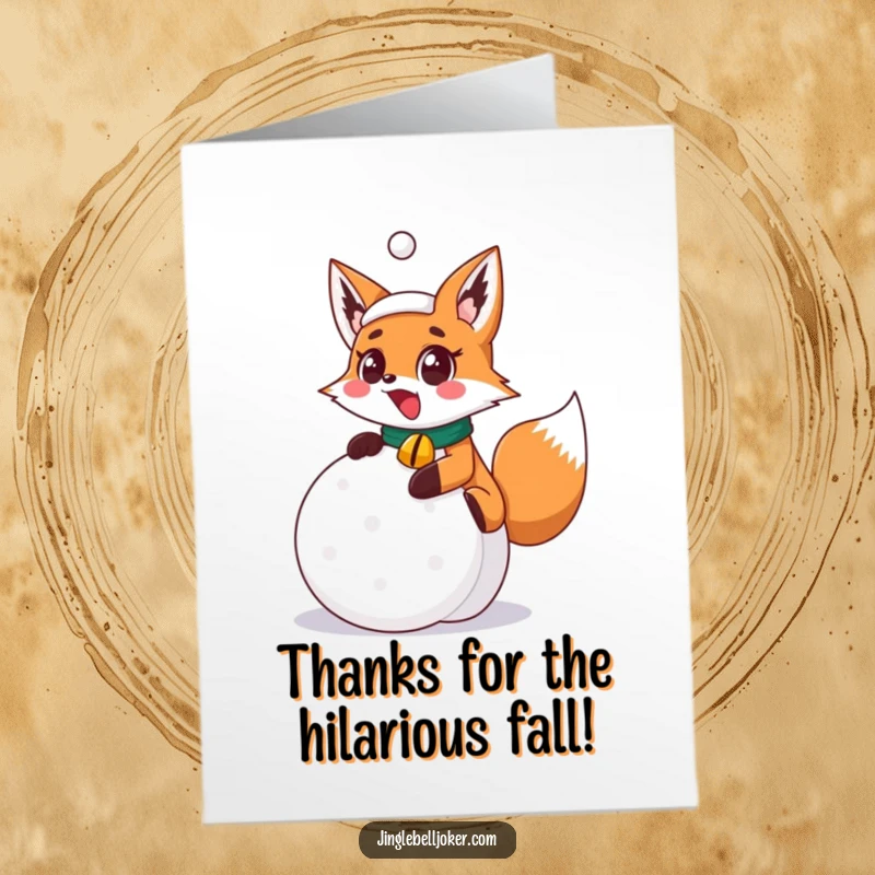 Funny Free Printable Thank You Card: A fox wearing a jingle bell collar slips comically on a snowball, charmingly awkward.