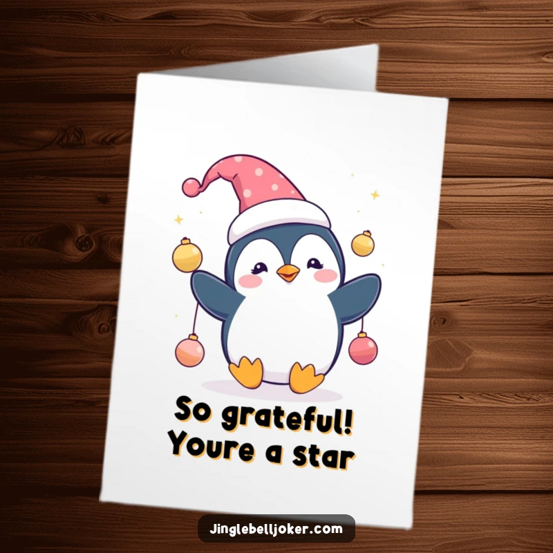 Funny Free Printable Thank You Card: A delightful penguin jester, juggling sparkling ornaments, expressing sincere thanks with a smile.