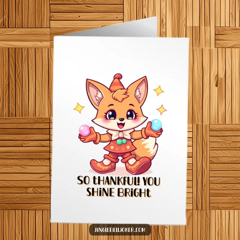 Funny Free Printable Thank You Card: A cheerful fox in jester shoes, juggling glowing orbs, conveying sincere and bright thanks.
