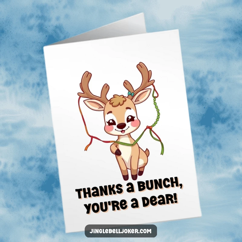 Funny Free Printable Thank You Card: A deer joker with festive antlers whimsically bats at a dangling tinsel strand.