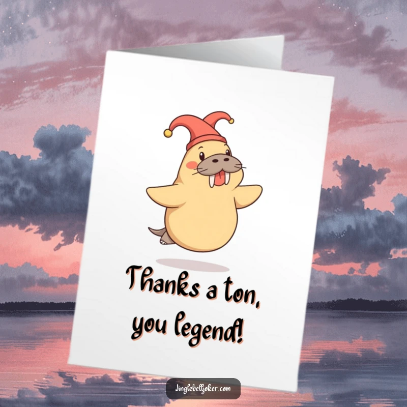 Funny Free Printable Thank You Card: Cheerful walrus in a jester hat doing a playful skip, a fun way to express thanks, cartoon.