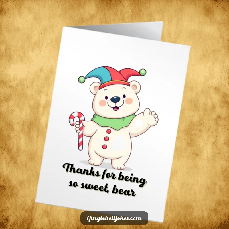 Funny Free Printable Thank You Card: Polar bear jester posing with candy cane, conveying playful appreciation.