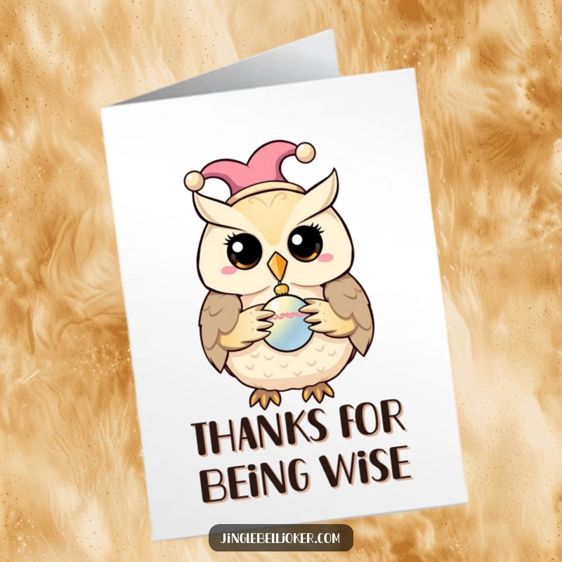 Funny free printable thank you card of a jester owl holding a shiny bauble, conveying thankful sentiments with humor.