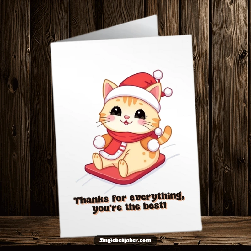 Funny Free Printable Thank You Card: Adorable cat in Santa attire happily sliding on snow, expressing thanks.