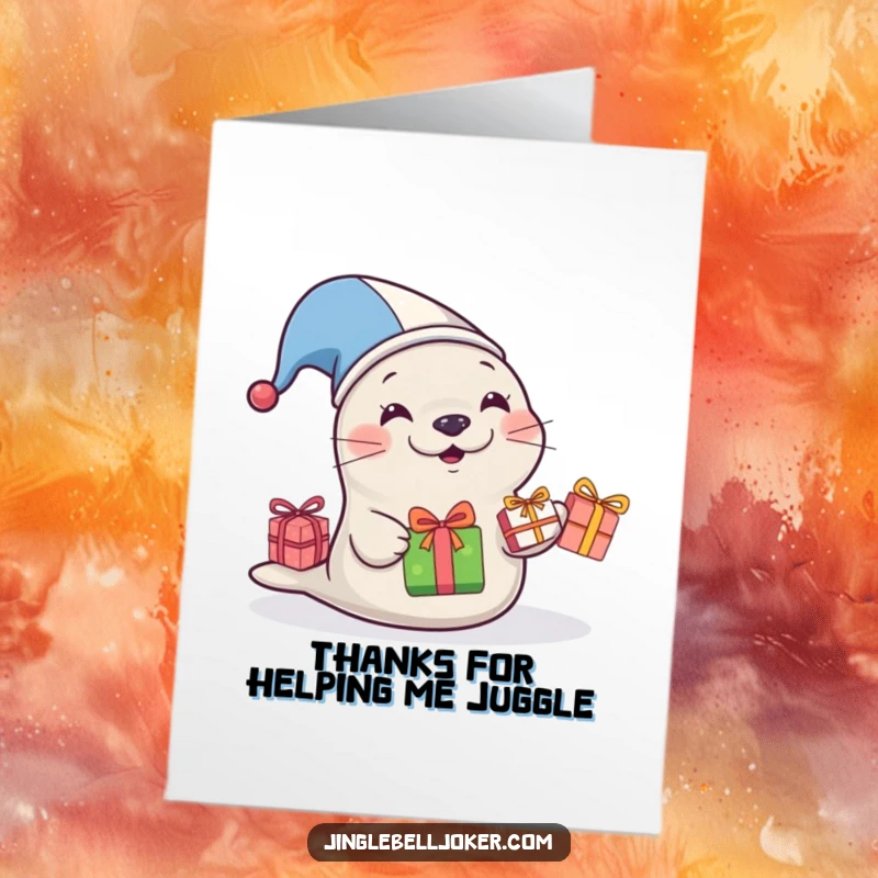 Funny Free Printable Thank You Card: Jester Seal juggling thanks, a comical way to show gratitude.