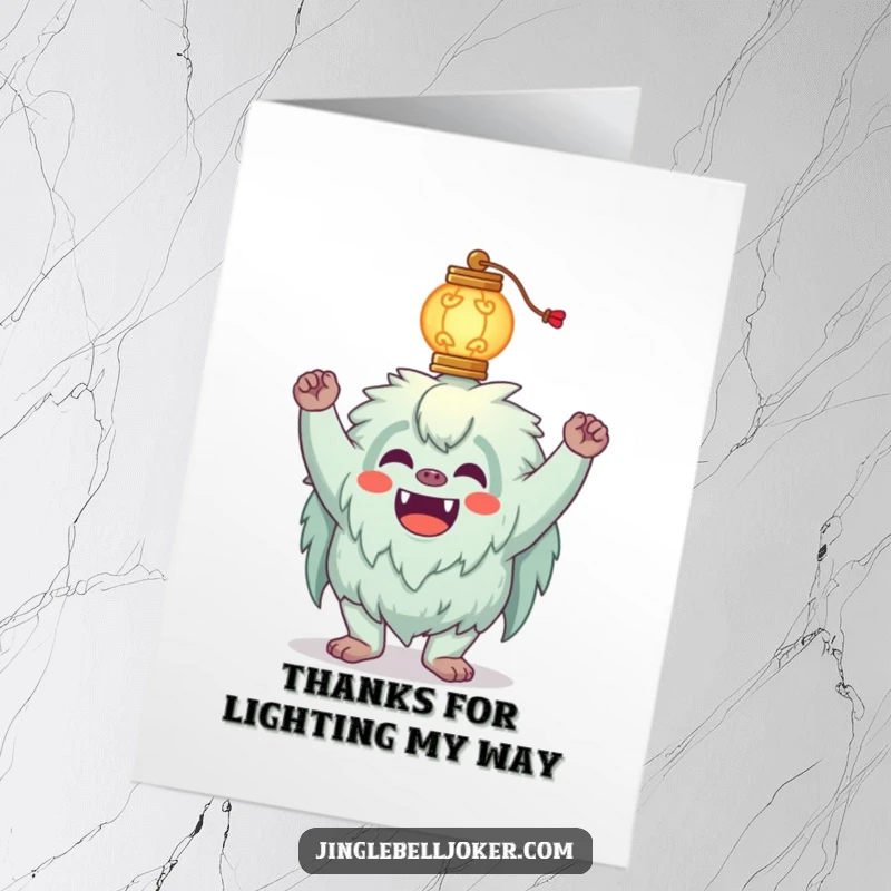 Funny Free Printable Thank You Card: A yeti attempts to balance a glowing lantern, offering a humorous thank you.