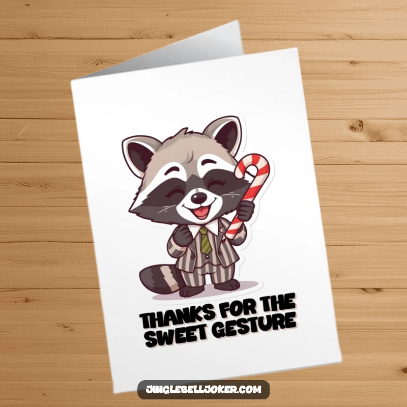Funny Free Printable Thank You Card: Gleeful raccoon balances a candy cane on its nose, a sweet and funny thank you.
