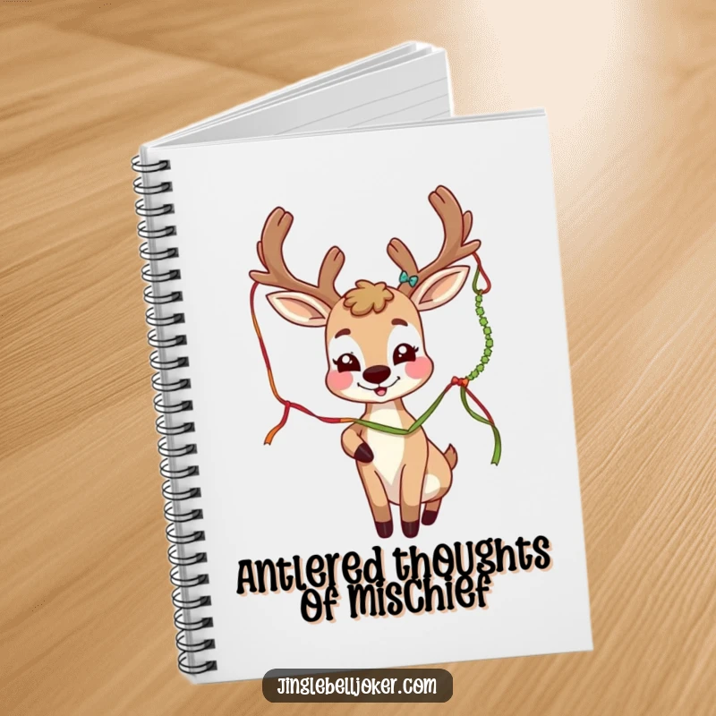 Funny deer joker character with festive antlers playfully batting a tinsel strand, cover design on a notebook.