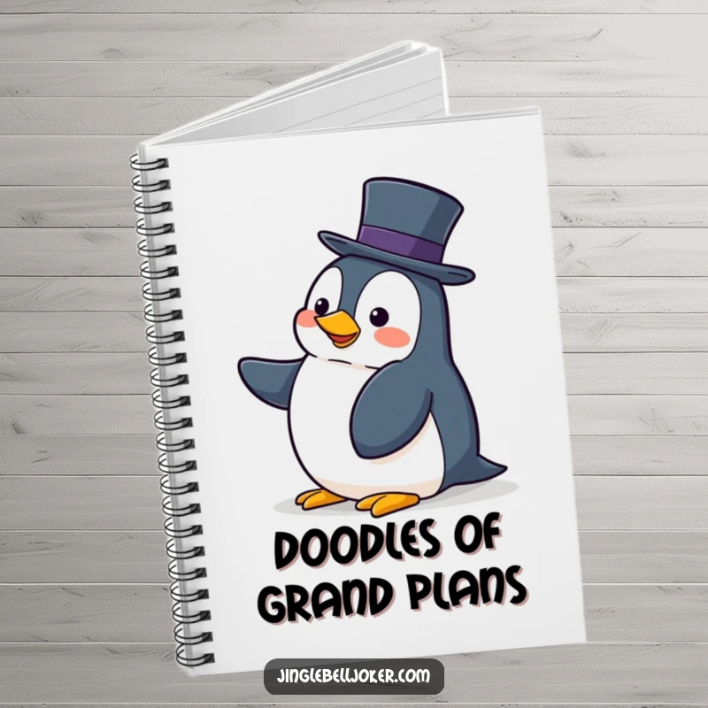 Funny notebook with a clumsy penguin hilariously attempting to balance a tall hat, perfect for jotting ideas.
