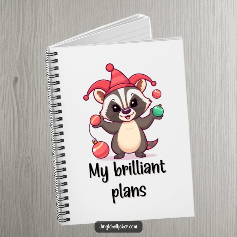 Funny Notebook: A mischievous badger in a jester hat comically juggles festive baubles, a humorous cover for notes.
