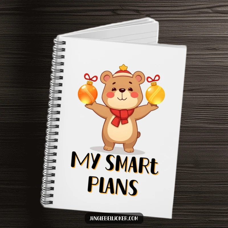 Funny notebook cover featuring a smug, happy bear character juggling glowing Christmas baubles, perfect for jotting down holiday ideas with humor.