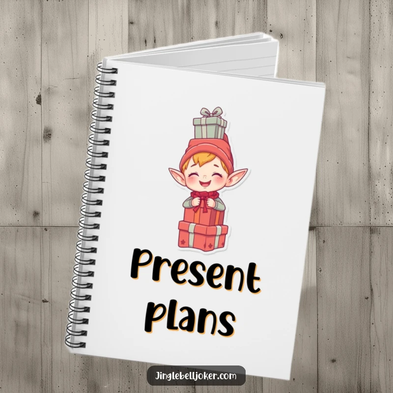 Funny notebook featuring a giggling elf character humorously balancing a stack of presents on its head, ideal for festive notes.