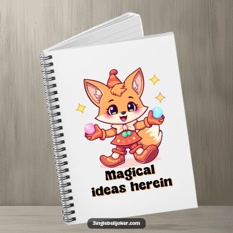 Funny Fox Jester Notebook: Cheerful fox character with jester shoes, juggling glowing orbs, for magical notes.