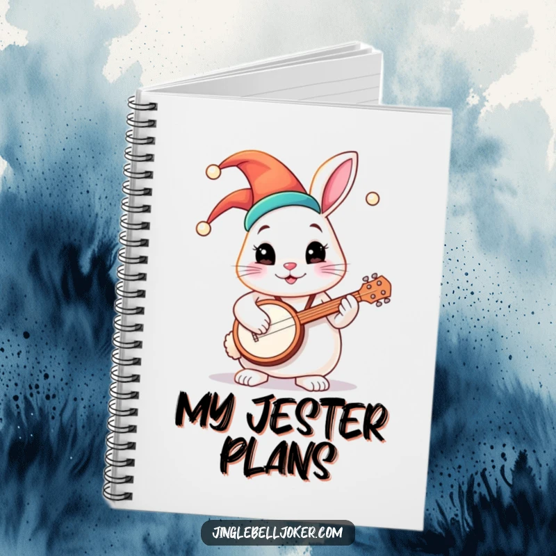 Funny notebook cover featuring a round bunny character in a colorful jester hat, playing a tiny banjo with a joyful and lively spirit.