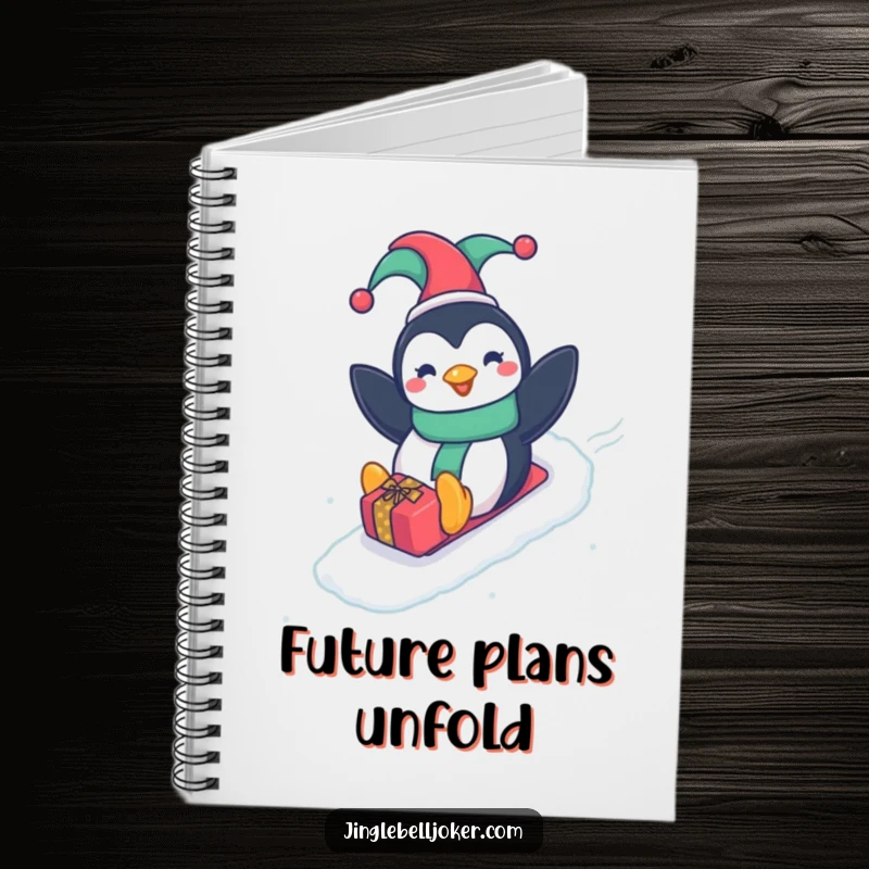 Funny Penguin Jester Notebook, a happy penguin in a jester hat sliding down a gift-wrapped slope, for fun note-taking.