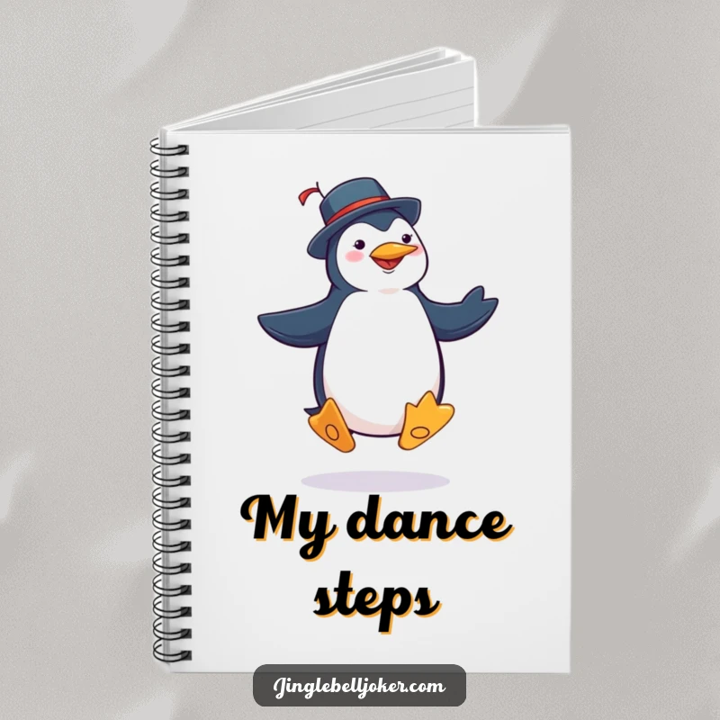 Funny penguin joker notebook with a character in jester attire performing a silly jig with exaggerated, comical steps, for creative notes.