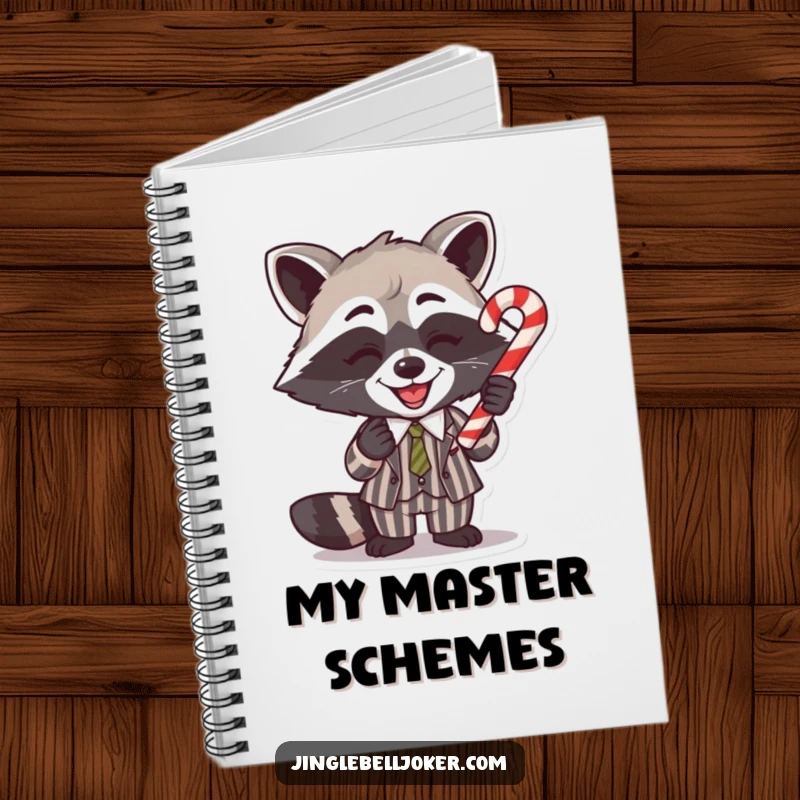 Funny Notebook: A gleeful raccoon in a striped suit balances a candy cane, a humorous cover for notes.