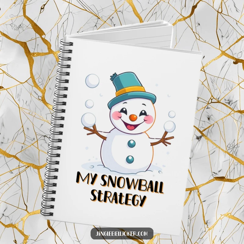 Funny snowman joker notebook with a mischievous character tossing snowballs, perfect for jotting down witty thoughts and ideas.