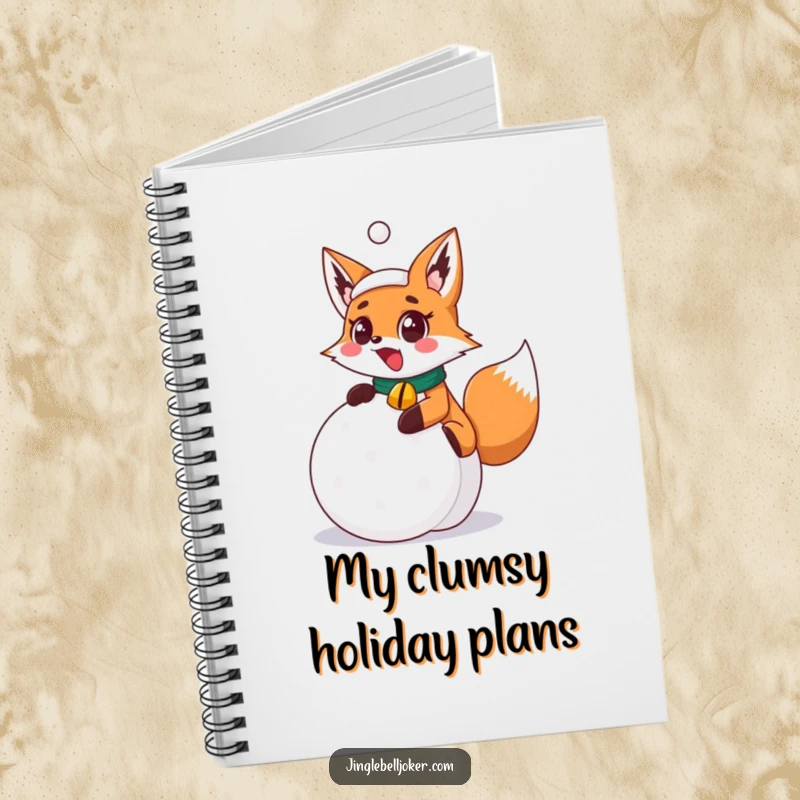 Funny surprised fox joker with jingle bell collar slipping on a festive snowball, inspiring notes and doodles in this funny notebook.