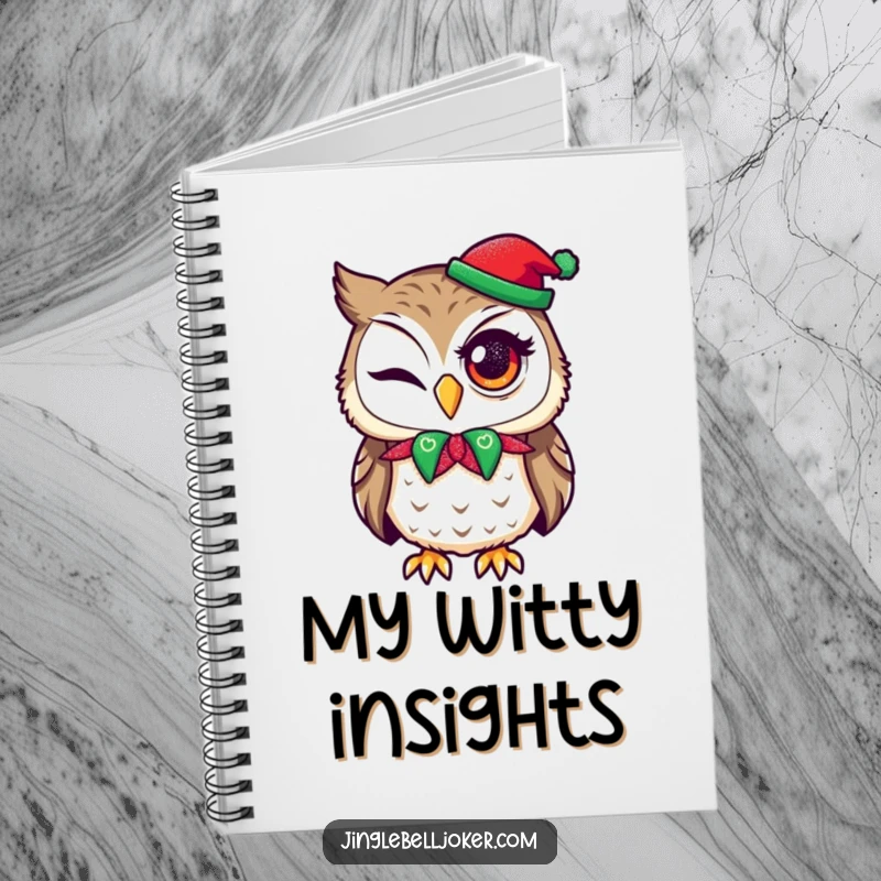 Funny notebook cover with an owl in a jester collar attempting a wink with holiday glitter, perfect for planning.